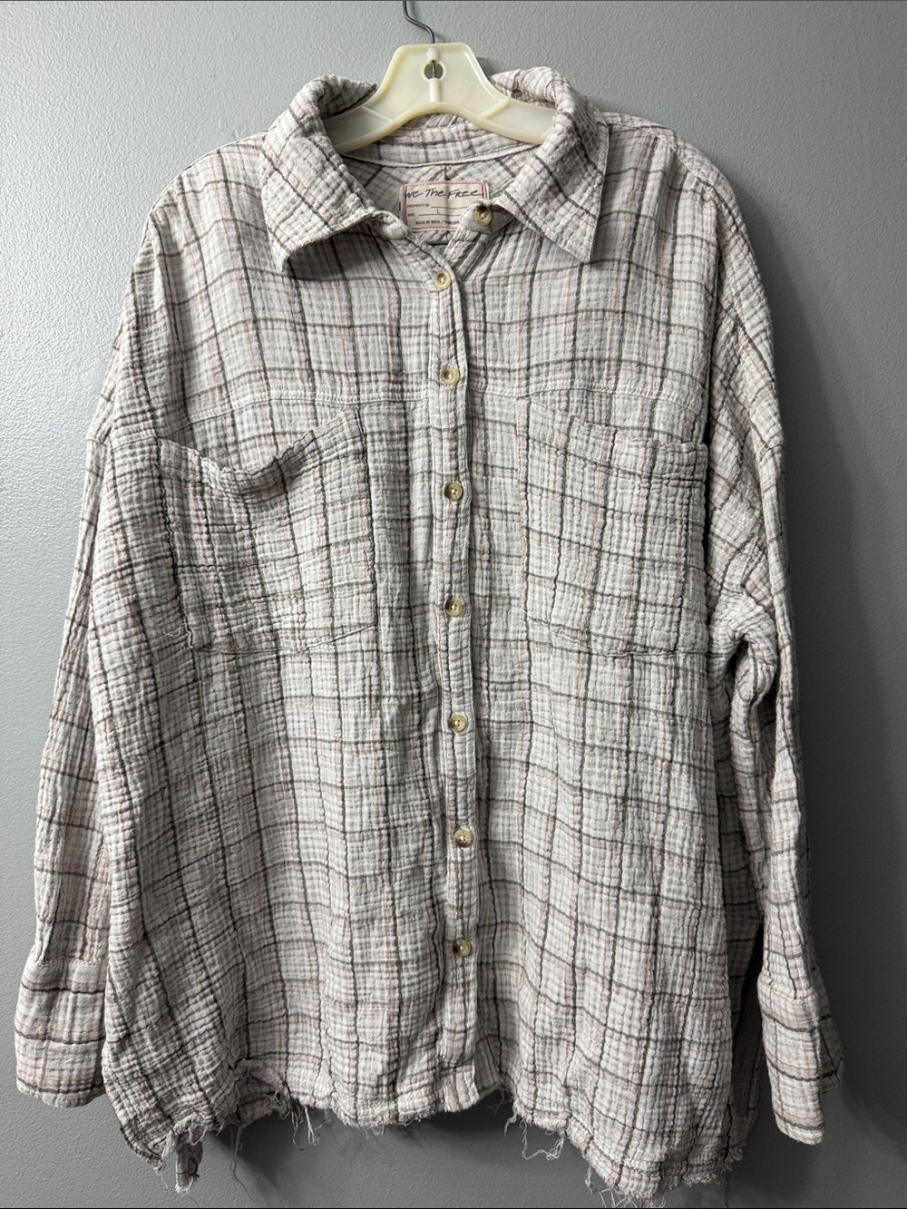 Free People "We The Free" Cardiff Plaid Tunic plaid gauze button down Top Large - Picture 2 of 9